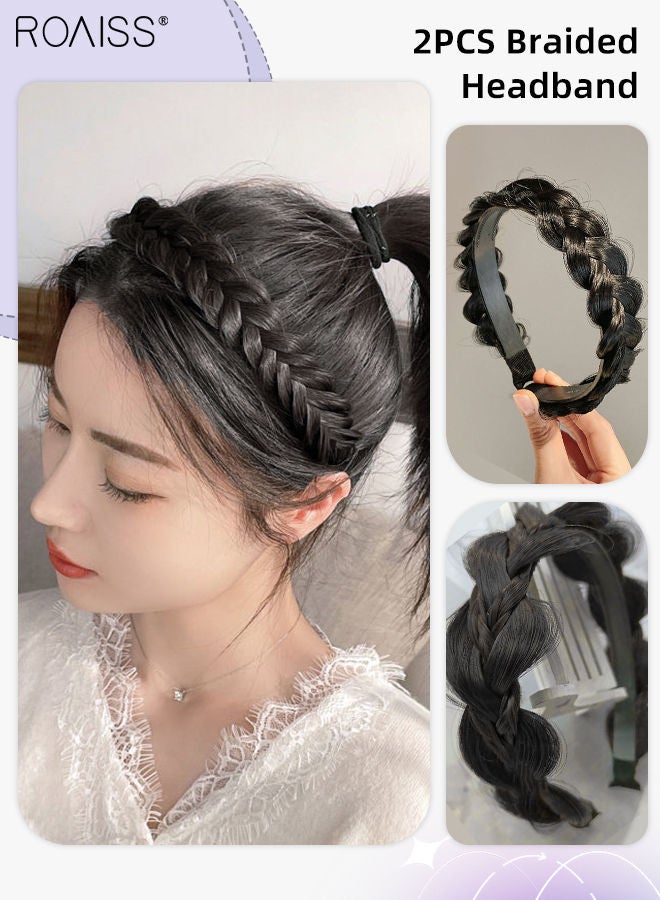 رويس قطعتان من عقال الشعر المضفور الأنيق للنساء، عصابات شعر مستعار مضفرة غير مرئية مصنوعة يدويًا ، إكسسوارات شعر مضفرة غير قابلة للانزلاق، أسود - Image 1