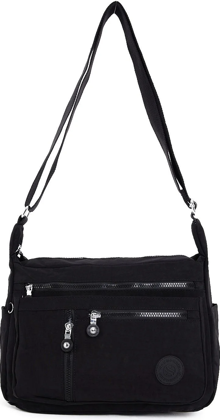 Sanmorris Women's Medium 7 Compartment Water Resistant Crinkle Fabric Black Crossbody Shoulder Bag