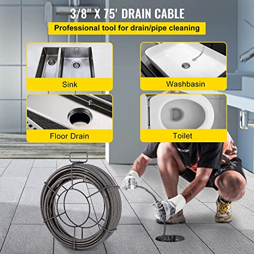 VEVOR Drain Cleaning Cable 75ft x 38 inch Solid Core Cable Sewer Cable Drain Auger Cable Cleaner Snake Clog Pipe Drain Cleaning Cable WFour Shapes of Cutters - Image 3