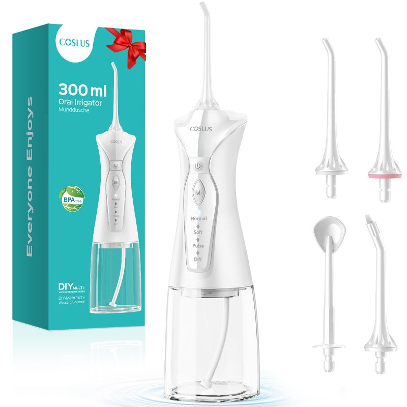 جهاز تنظيف الأسنان بالماء COSLUS مع 4 أوضاع لاسلكي محمول سعة 300 مل خزان ماء أكبر IPX7 مقاوم للماء