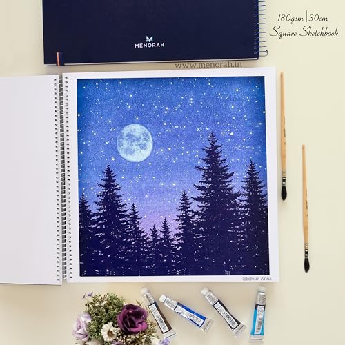 MENORAH - Square Spiral Sketch Book for Artist -180 GSM - 100 Pages/50 Sheets -Square Sketchbook for Drawing,Painting, Acrylics, Gouache -Metal Spiral Bound -(30.0 x 30.0 cm) -Dark Blue - Image 5