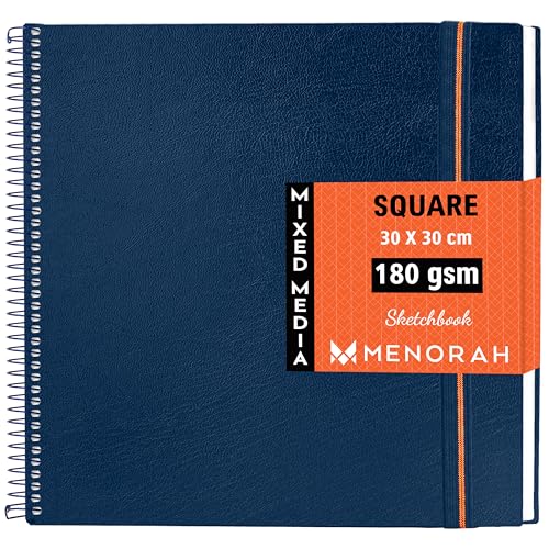 MENORAH - Square Spiral Sketch Book for Artist -180 GSM - 100 Pages/50 Sheets -Square Sketchbook for Drawing,Painting, Acrylics, Gouache -Metal Spiral Bound -(30.0 x 30.0 cm) -Dark Blue - Image 1
