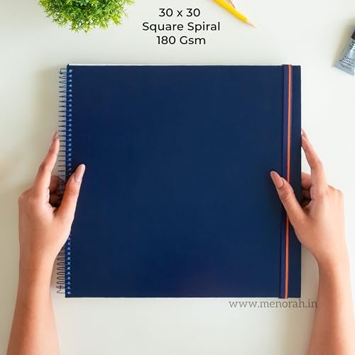 MENORAH - Square Spiral Sketch Book for Artist -180 GSM - 100 Pages/50 Sheets -Square Sketchbook for Drawing,Painting, Acrylics, Gouache -Metal Spiral Bound -(30.0 x 30.0 cm) -Dark Blue - Image 2