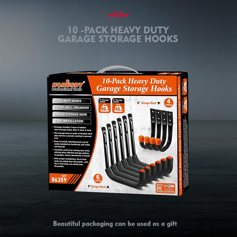 Horusdy 10-Pack Garage Hooks, Utility Hooks, 9"" & 6    Garage Hooks Heavy Duty Wall Hooks For Bikes, Kayak And Hanging Ladders - Image 2