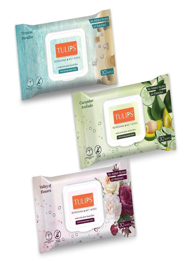 Tulips Refreshing/Makeup Remover Wet Wipes plant based fibre wipes LID Pack, Individual Pack (Tropical Paradise, Cucumber Avocado & Valley of Flowers Combo-3) - Image 1