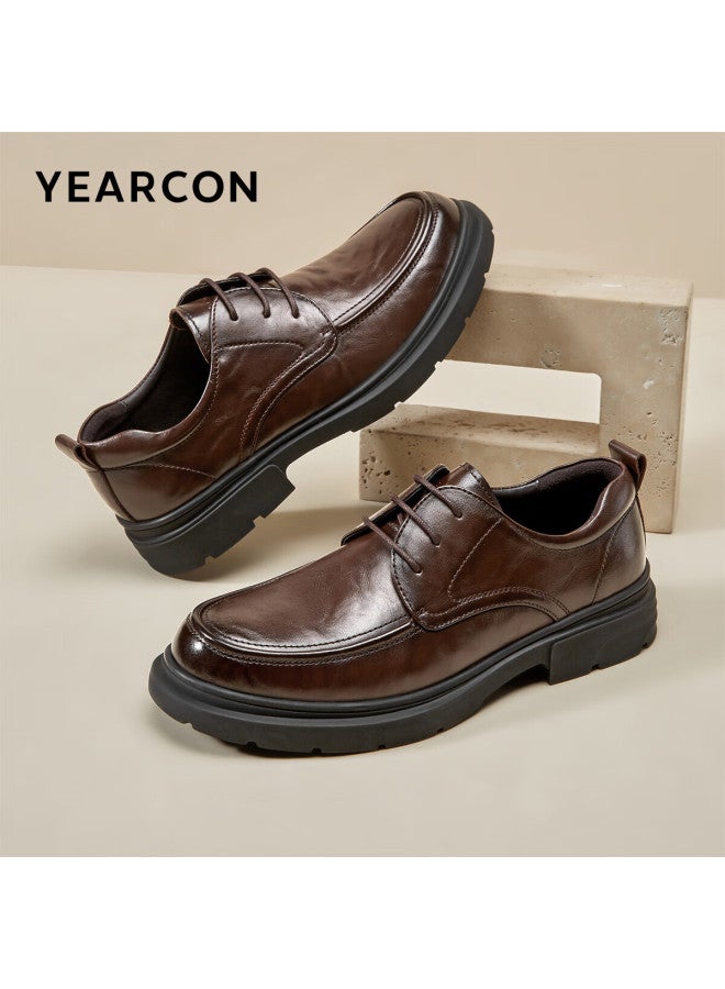 YEARCON Yierkang Men's Shoes, Round Toe Leather Shoes, Lace-up Business Formal Shoes, Autumn New Style Commuter Loafers, 97121w, Brown, Size 39 - Image 1