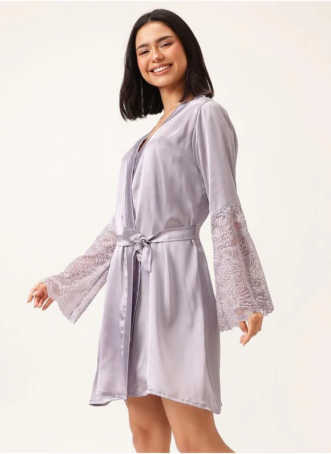 Clovia Clovia Solid Lace Detail Long Sleeve Satin Robe with Waist Tie