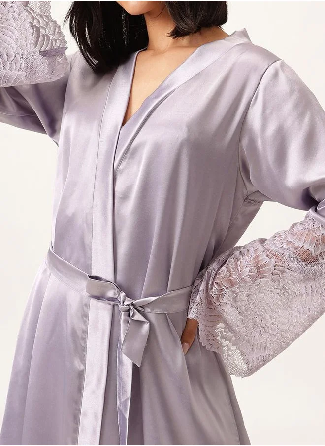Clovia Clovia Solid Lace Detail Long Sleeve Satin Robe with Waist Tie