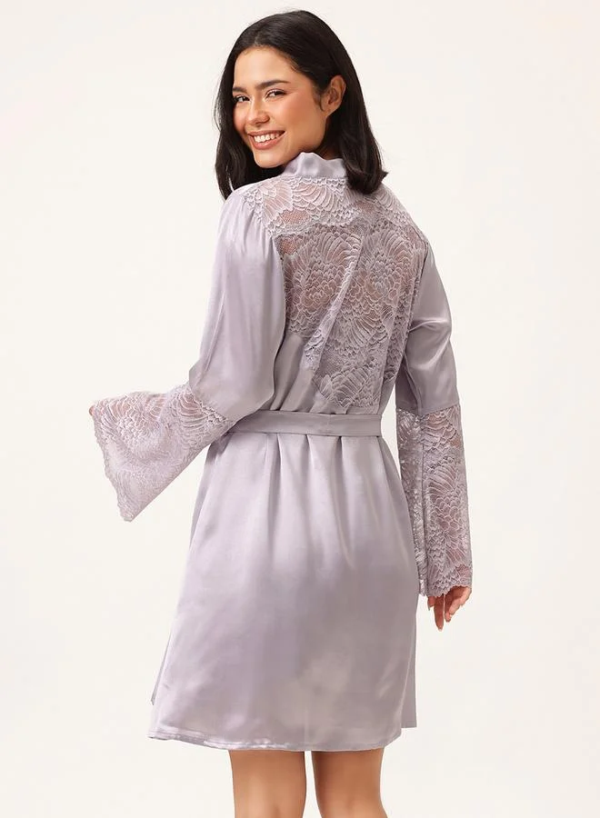 Clovia Clovia Solid Lace Detail Long Sleeve Satin Robe with Waist Tie