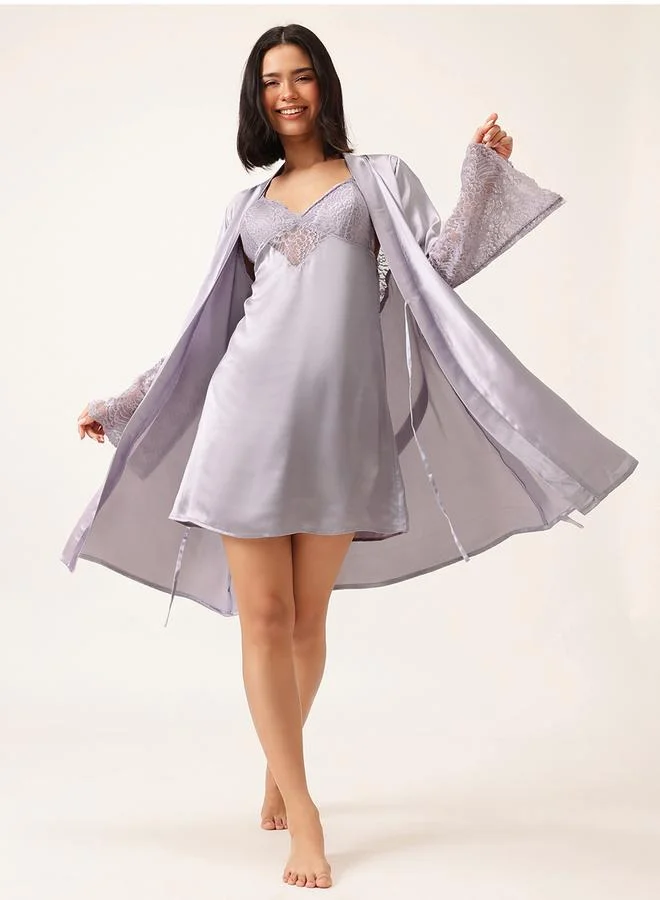 Clovia Clovia Solid Lace Detail Long Sleeve Satin Robe with Waist Tie