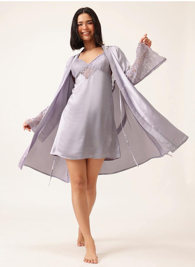 Clovia Solid Lace Detail Long Sleeve Satin Robe with Waist Tie - Image 5