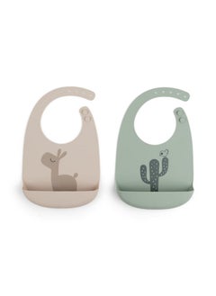 done by deer Done by Deer 2-Pack Silicone Bibs - Lalee Sand & Green, Waterproof, Adjustable, Large Pocket, Easy Clean - Baby Essentials, Fun Deer & Cactus Design  - Image 1