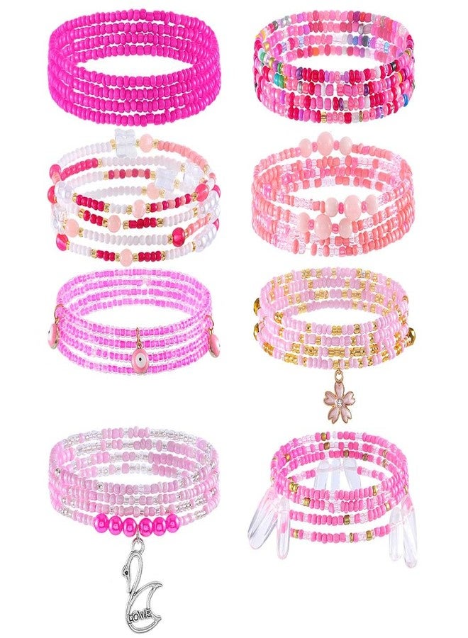 ELABEST 24-39inch African Waist Beads for Women 8Pcs Elastic Belly Beads Colorful Beaded Waist Jewelry Accessories Body Chain (Pink, 39.3inch/100cm) - Image 1