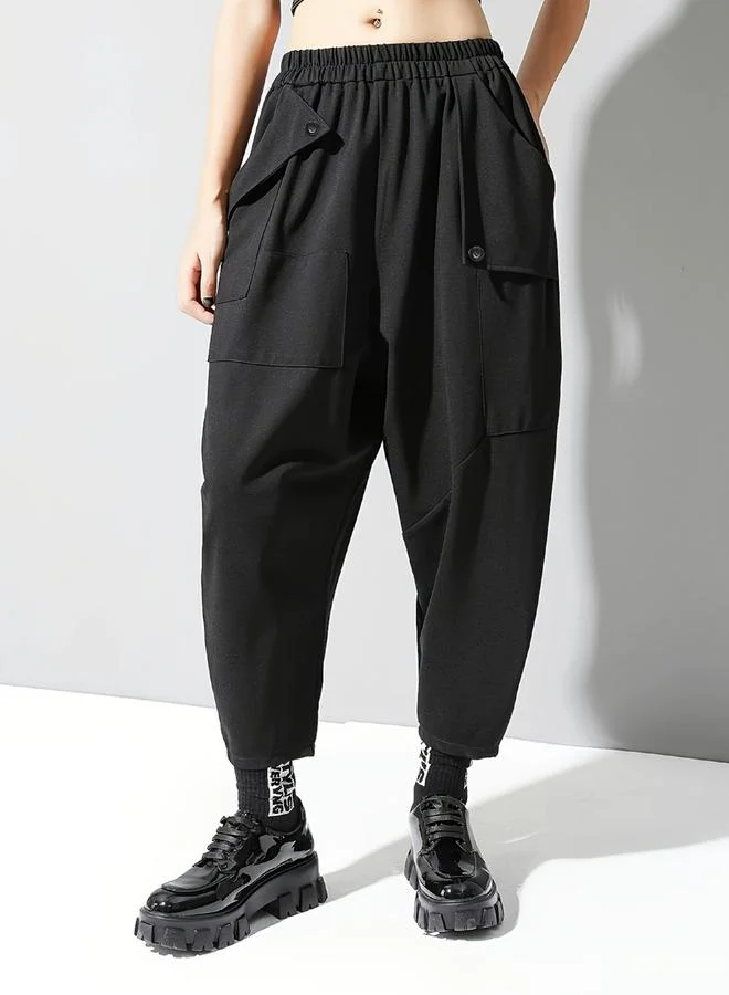 Take Two Solid Elastic Waist Irregular Pocket Detail Pants