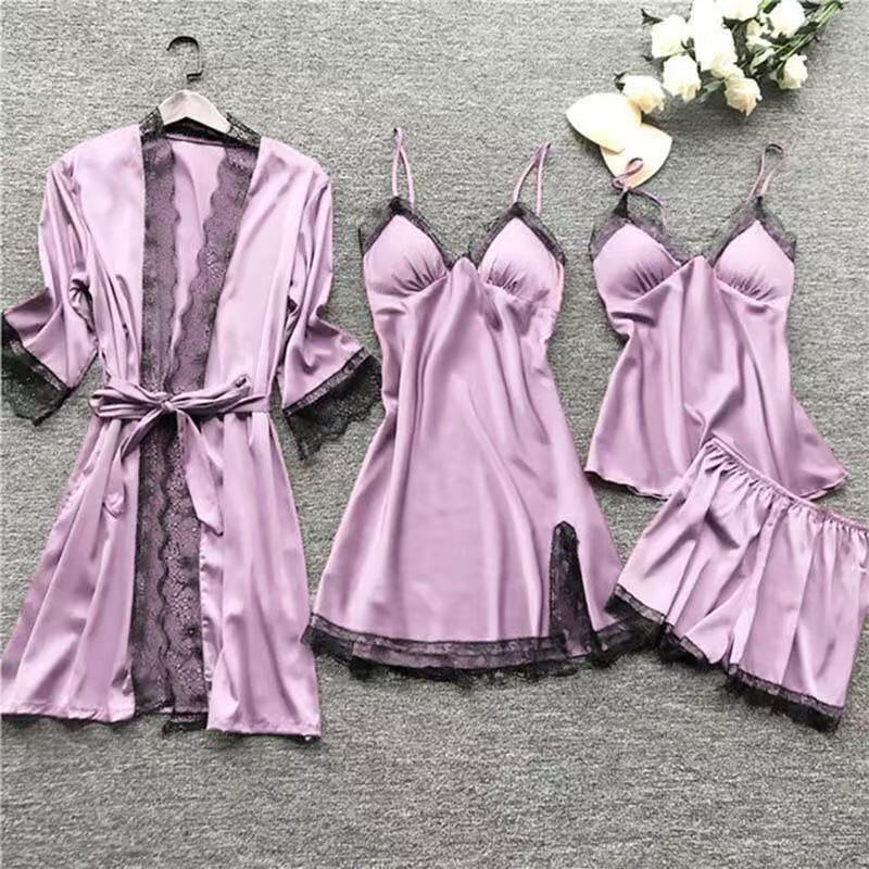 Purejoy Luxurious 4-Piece Women's Sleepwear Set - Satin Fabric, Antibacterial, Anti-Static, Soft & Comfortable