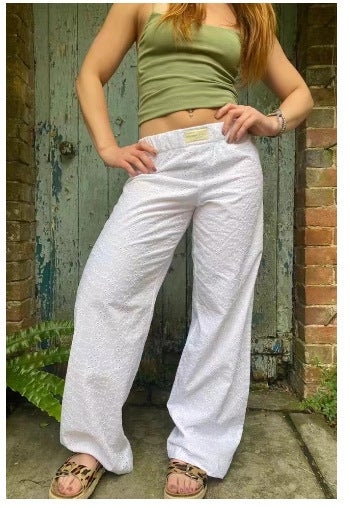 2024 Striped Wide Leg Trousers Casual High Waist White (with LOGO)