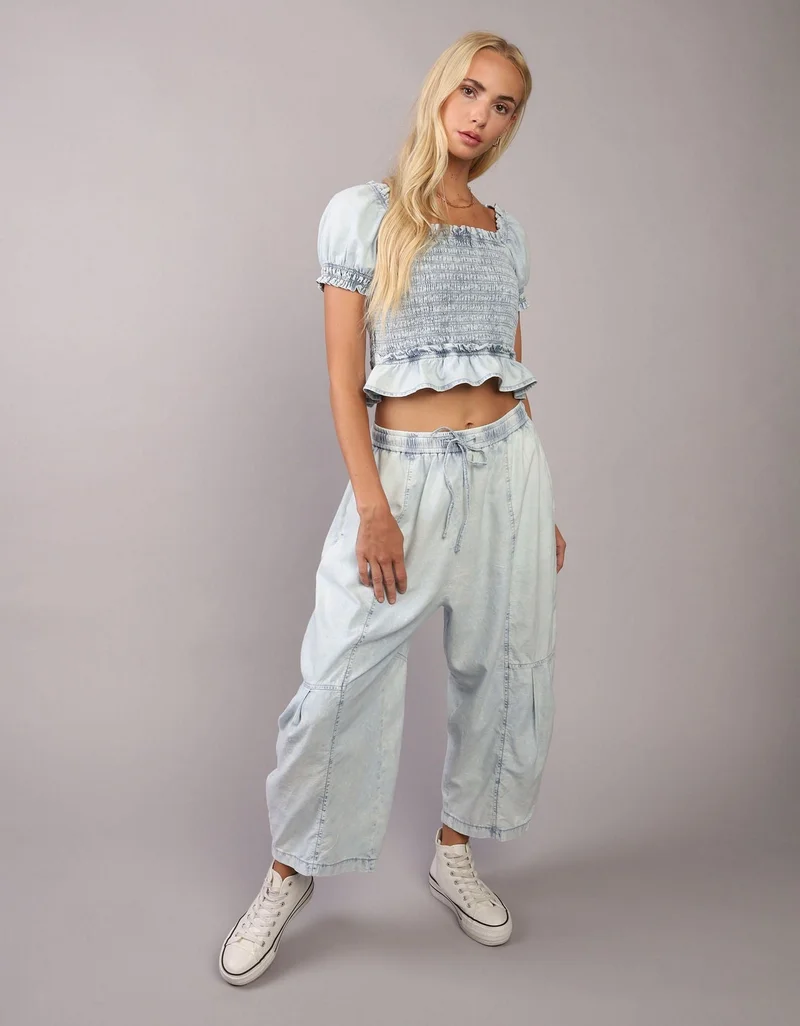 AE High Neck Puff Sleeve Smocked T-Shirt