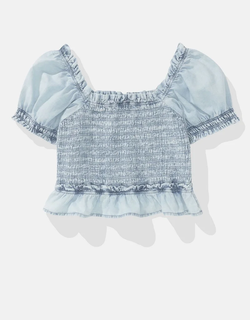 American Eagle  AE High Neck Puff Sleeve Smocked T-Shirt for Women | Best Price UAE