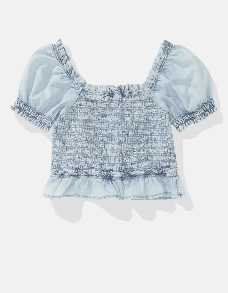 American Eagle  AE High Neck Puff Sleeve Smocked T-Shirt for Women | Best Price UAE
