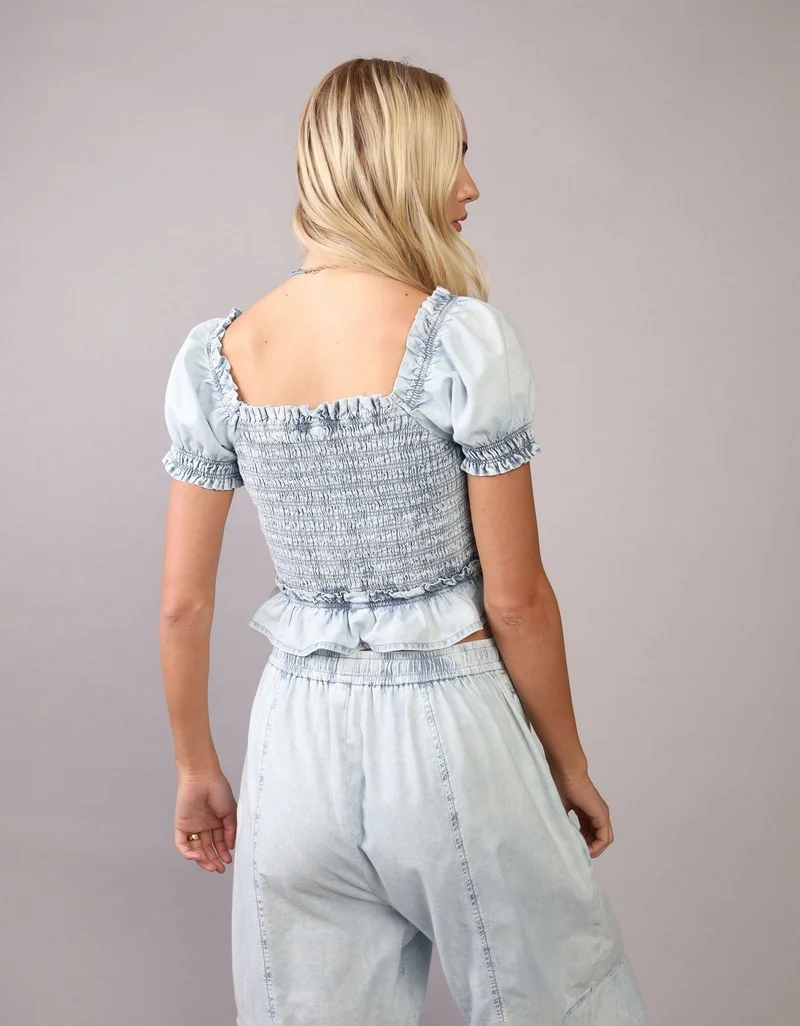 American Eagle  AE High Neck Puff Sleeve Smocked T-Shirt for Women | Best Price UAE