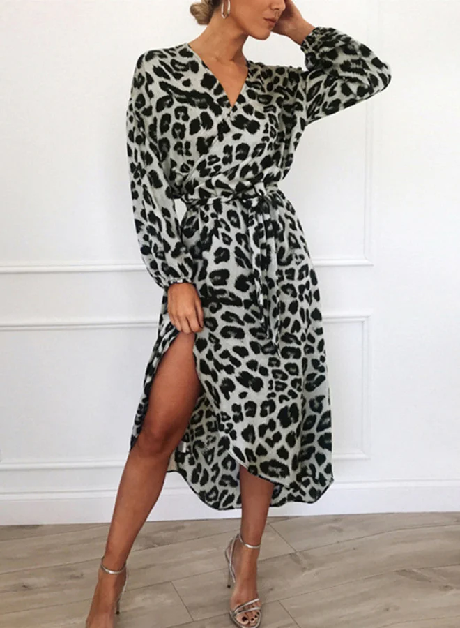 SIMPLEE Leopard Print V Neck Lace Up Dress