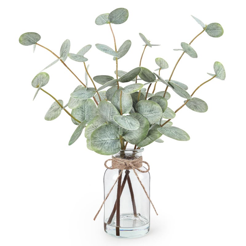 Bessol Artificial Eucalyptus Stems in Glass Vase with Faux Water, 13.5" Fake Plants for Home Decor, Coffee Table Centerpieces, Office, Bathroom & Farmhouse Weddings - Faux Greenery Plants Decorations - Image 1