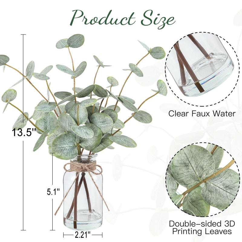 Bessol Artificial Eucalyptus Stems in Glass Vase with Faux Water, 13.5" Fake Plants for Home Decor, Coffee Table Centerpieces, Office, Bathroom & Farmhouse Weddings - Faux Greenery Plants Decorations - Image 2