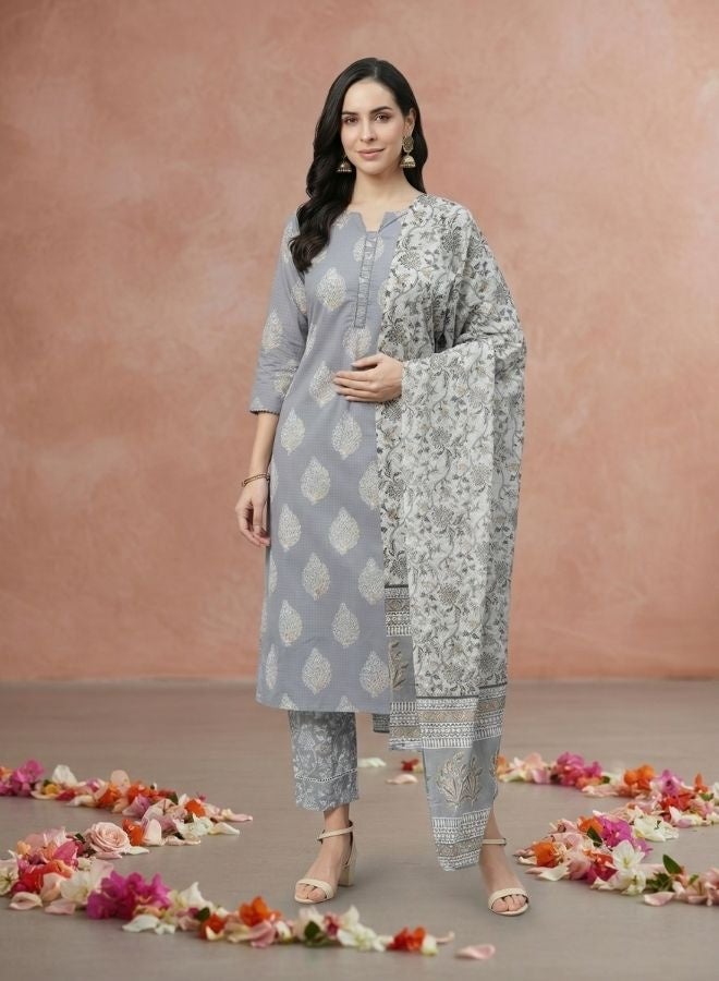 Yuris Women Grey Ethnic Motifs Printed Regular Pure Cotton Kurta with Trousers  With Dupatta - Image 1