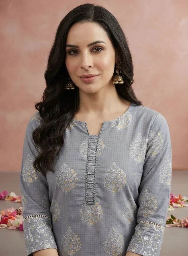 يوريس يوريس تونيك نسائي قطن مطبوع بنقوش عرقية رمادي مع بنطلون ودوباتا