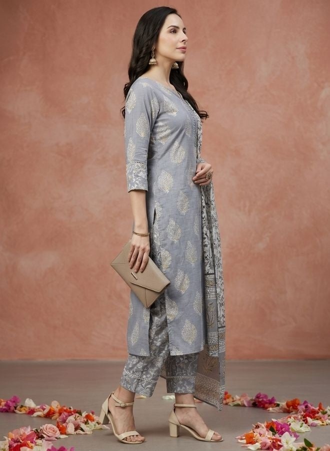 Yuris Women Grey Ethnic Motifs Printed Regular Pure Cotton Kurta with Trousers  With Dupatta - Image 3