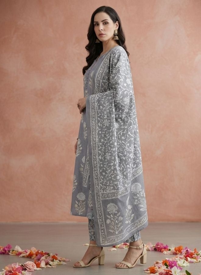 Yuris Women Grey Ethnic Motifs Printed Regular Pure Cotton Kurta with Trousers  With Dupatta - Image 4