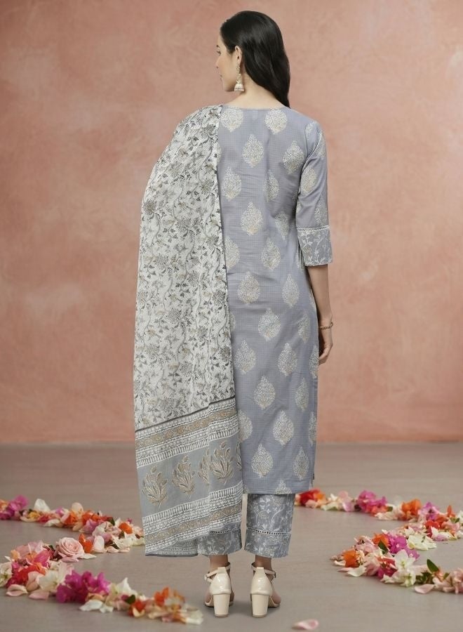 Yuris Women Grey Ethnic Motifs Printed Regular Pure Cotton Kurta with Trousers  With Dupatta - Image 5