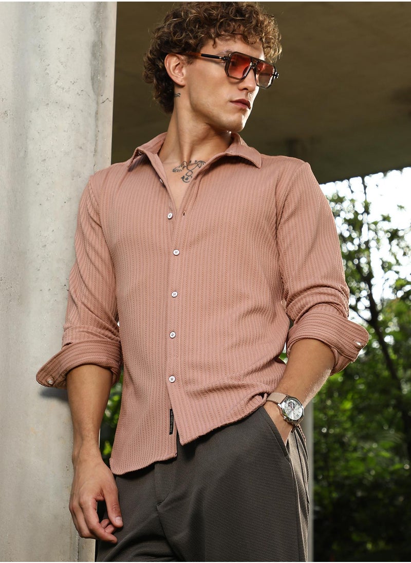 Campus Sutra Campus Sutra Men's Ash Brown Rope-Striped Tactile Shirt For Casual Wear | Spread Collar | Long Cuffed Sleeves | Button Closure | Shirt Crafted With Comfort Fit For Everyday Wear  - Image 1