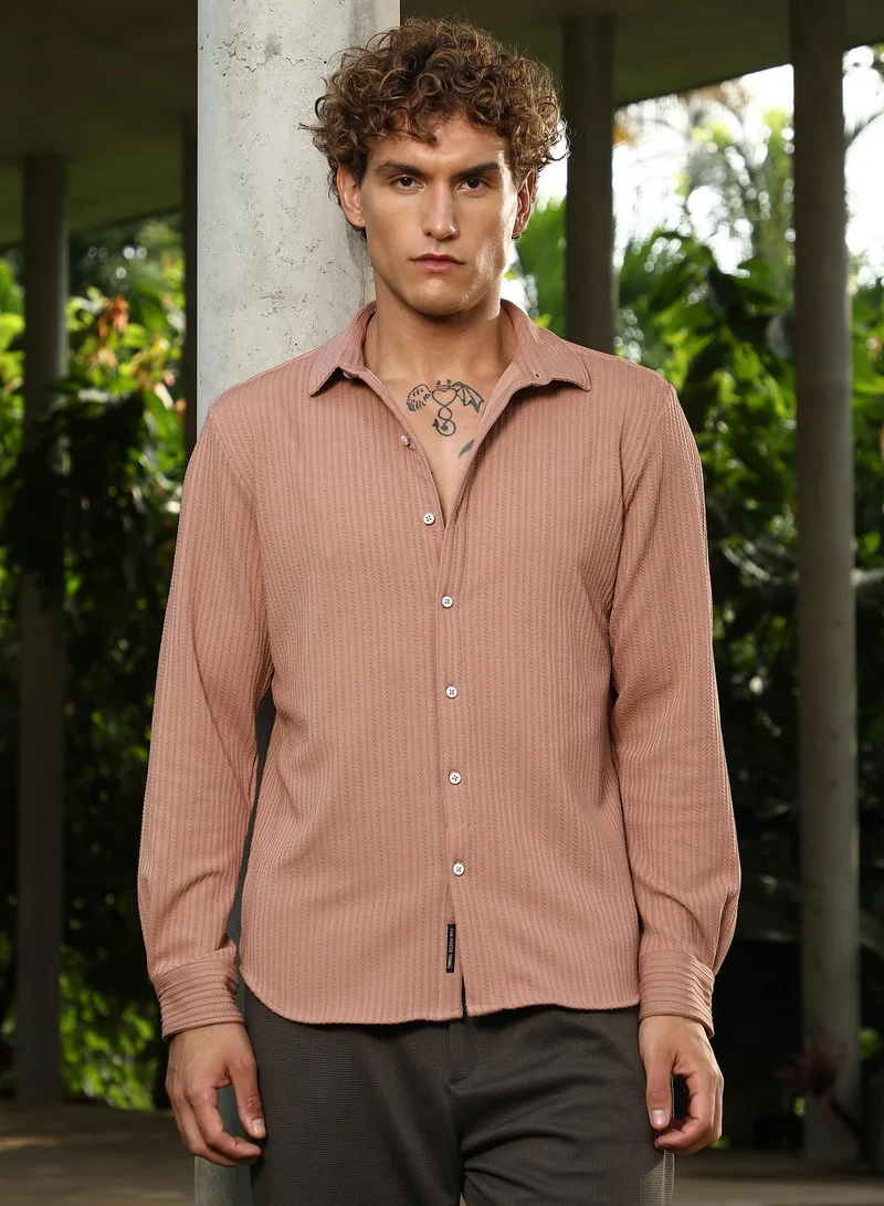 Campus Sutra Campus Sutra Men's Ash Brown Rope-Striped Tactile Shirt For Casual Wear | Spread Collar | Long Cuffed Sleeves | Button Closure | Shirt Crafted With Comfort Fit For Everyday Wear