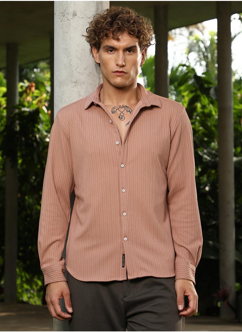 Campus Sutra Campus Sutra Men's Ash Brown Rope-Striped Tactile Shirt For Casual Wear | Spread Collar | Long Cuffed Sleeves | Button Closure | Shirt Crafted With Comfort Fit For Everyday Wear  - Image 2