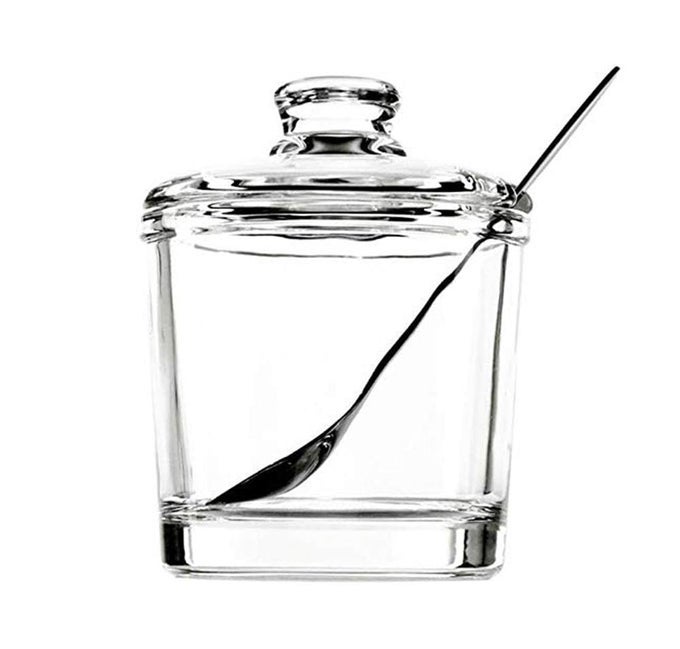 GLASS SUGAR BOWL SPICE JAR WITH LID AND STAINLESS STEEL SPOON SPOON