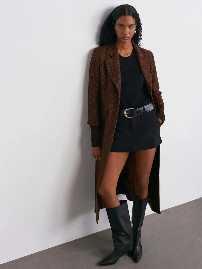 Dilvin DILVIN Textured Tweed Long Overcoat