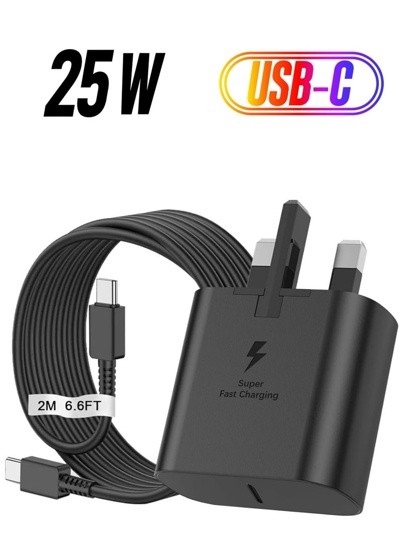 شاحن سامسونج فائق السرعة 25 واط مع كابل USB-C إلى USB-C بطول 2 متر - قابس حائط نوع C للمملكة المتحدة لأجهزة جالاكسي S24 و S23 ألترا و S22 و S21 وسلسلة A ونماذج Z Flip/Fold - Image 1