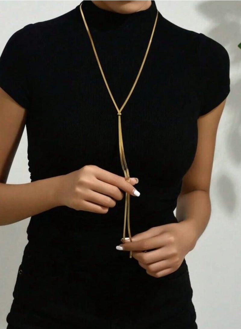 Simple Long Rope Chain Necklace Stainless Steel Blade Personalized Gold Color Elegant Sweater Pendant Necklace for Women - Image 2