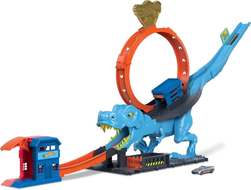 Hot Wheels City T-Rex Chomp Down Playset Toy Car Police Station Slam Launcher 9-Inch Loop Defeat Zone Blue 1:64 Scale Interactive Dinosaur Knock-Out Feature Ages 4+
