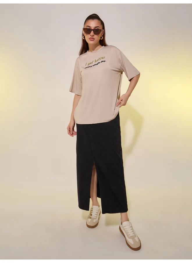 تايك تو Take Two Round Neck Slogan Print T-Shirt
