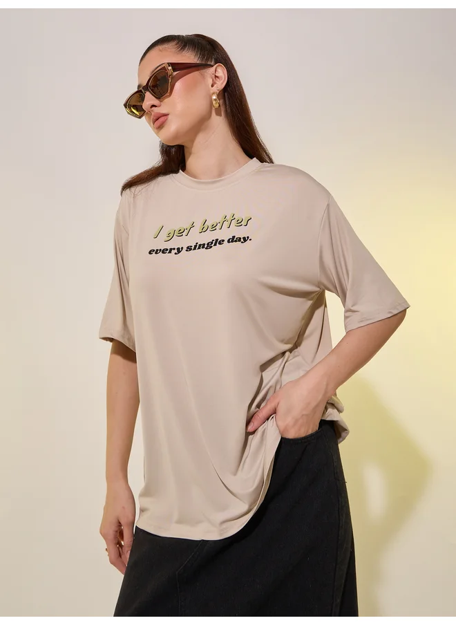 تايك تو Take Two Round Neck Slogan Print T-Shirt
