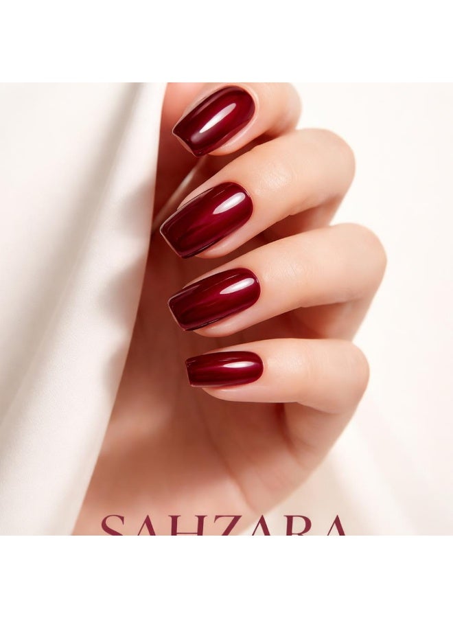 SAHZARA Press On Nails Almond Shape Deep Burgundy Wine Red Glossy Artificial Nails Full Cover Reusable Stick On Nails Acrylic Soft Gel Nail Kit Luxury Elegant Salon Style Nails for Women Daily Wear Office Wedding Party Long Lasting Durable High Shine Nails - Image 1