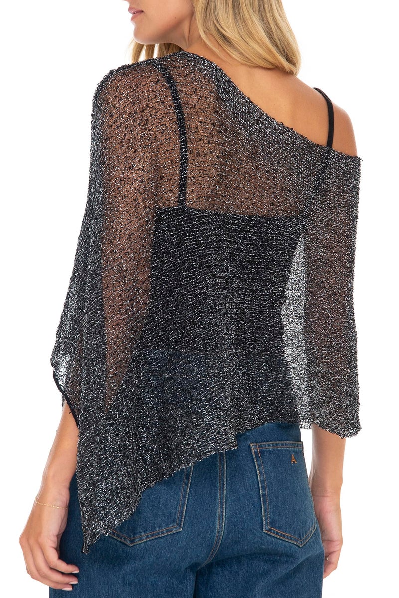 Back From Bali Womens Sheer Poncho Bolero Shrugs for Dresses Lightweight Summer Black Silver Metallic Shawl Cover Up - Image 2