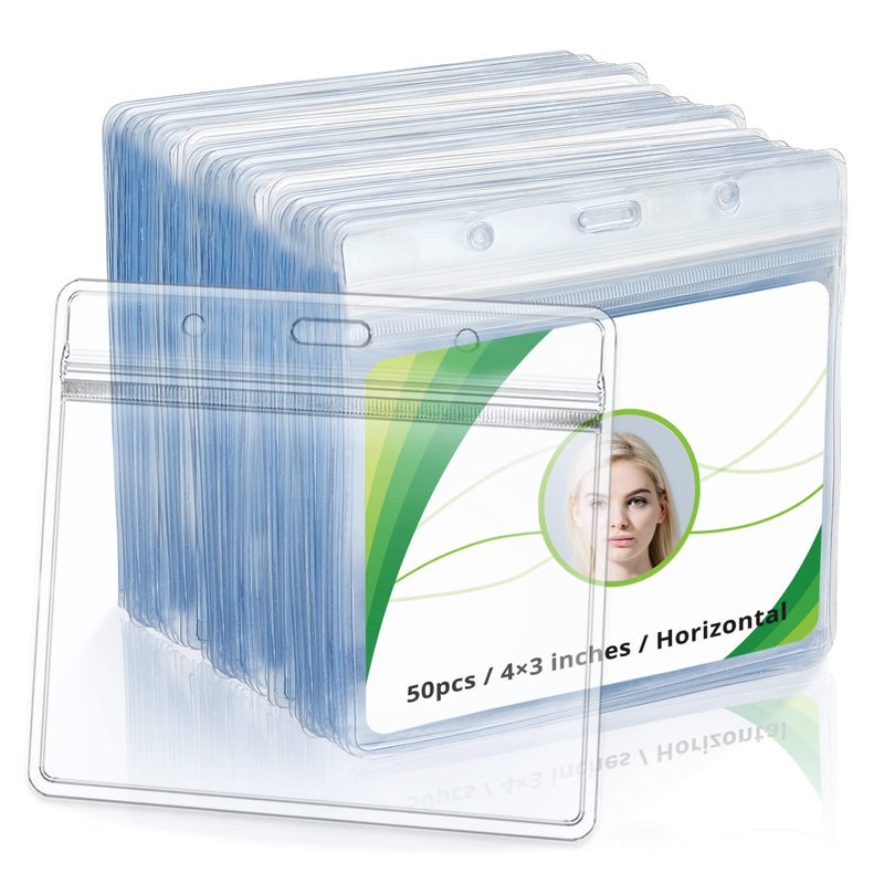 RIDEIWAKE 50 Pack CDC Vaccination Card Protector 4X3 in Immunization Record Vaccine Card Holder Horizontal Badge I'D Name Tags Clear PVC Sleeve Waterproof Type Resealable Zip w 3 Lanyard Slots for Events Travel - Image 1