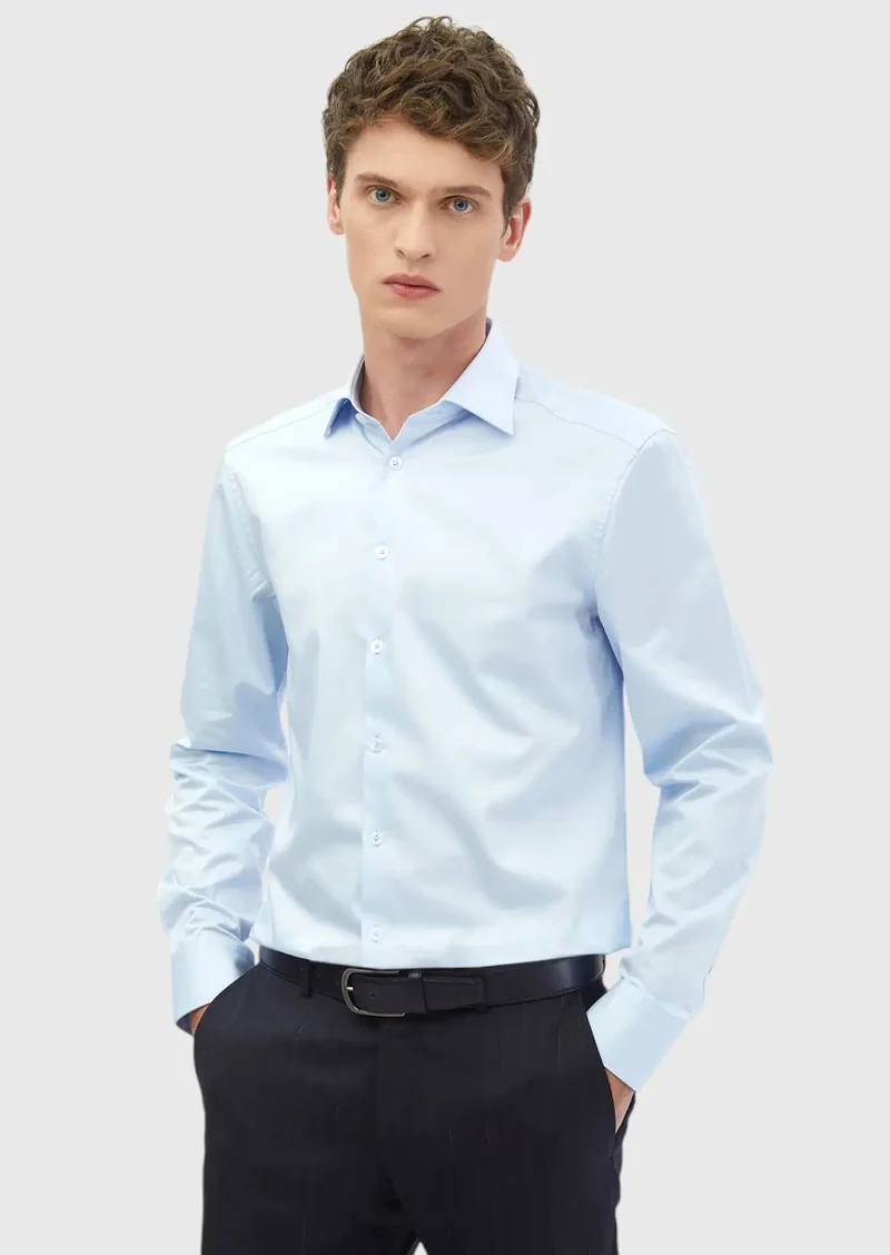 RAMSEY Dark Blue Plain Slim Fit Weaving Classical 100% Cotton Shirt