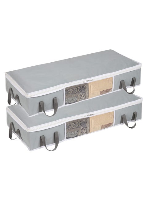 Double R Bags Big Under Bed Storage Organizer Multi Purpose For Shoe Saree Quilts Comforters Blanket Cloth Storage with Large Front Window Reinforced Handles Zippered Organiser Grey Set of 2
