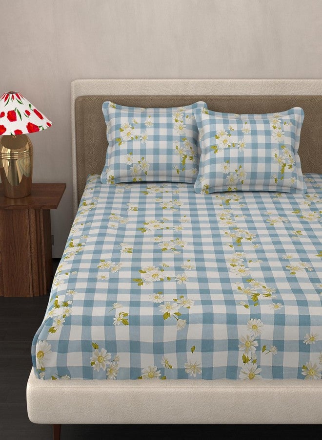 VOMZER King Size (72x78) 300 TC Soft Cotton Feel Microfiber All Around Elastic Fitted Double Bedsheet with 2 Pillow Covers | Blue Check - Image 1