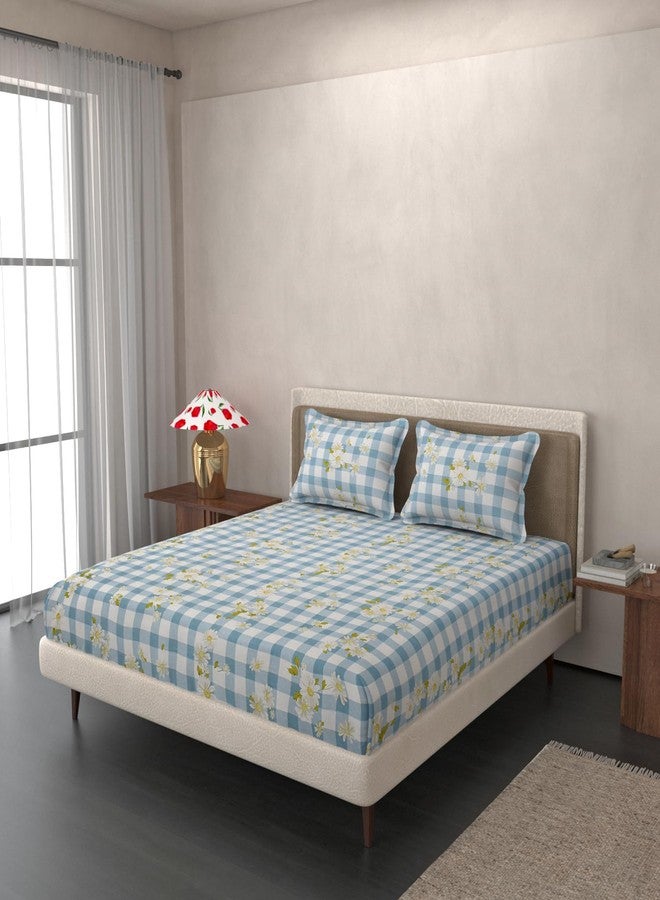 VOMZER King Size (72x78) 300 TC Soft Cotton Feel Microfiber All Around Elastic Fitted Double Bedsheet with 2 Pillow Covers | Blue Check - Image 3