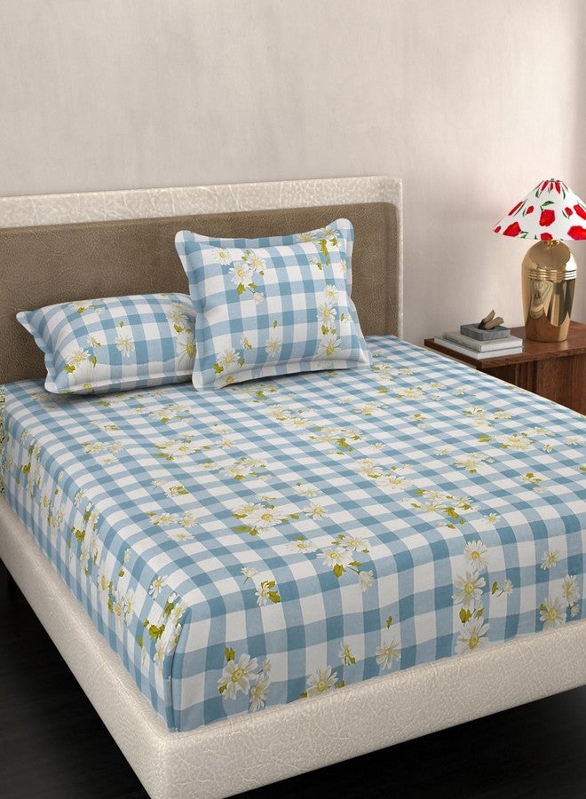VOMZER King Size (72x78) 300 TC Soft Cotton Feel Microfiber All Around Elastic Fitted Double Bedsheet with 2 Pillow Covers | Blue Check - Image 2